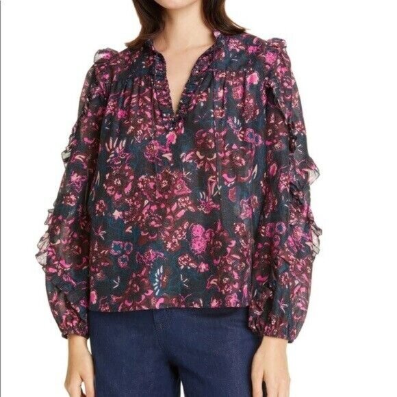 Ulla Johnson Tops - NWOT Ulla Johnson Silk Blend Ruffle Sleeve Floral Blouse Top Sz 2 Long sleeve